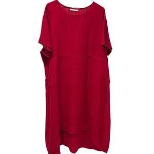 Bryn Walker Linen High Low Long Scoop Neck S/S Dress Pockets Dark Raspberry Pink